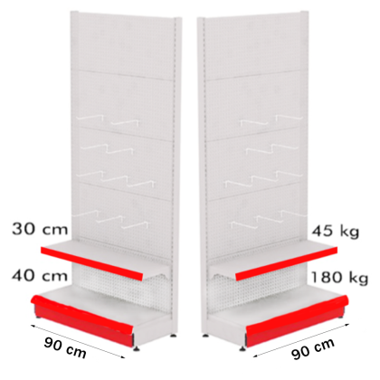 Raft metalic de perete cu carlige  90*220 baza 40 cm si 1 polita de 30 cm | Rafturi magazine si supermarket 