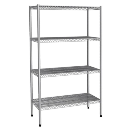 Stainless steel storage shelving unit with 4 wire shelves, 90 × 62 × 180 cm